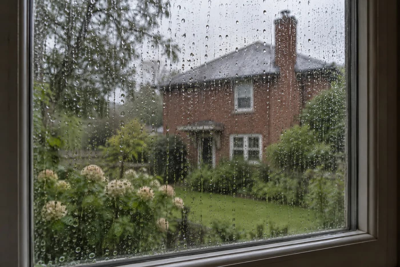 AI illustration of rain on a window overlooking a house and chimney